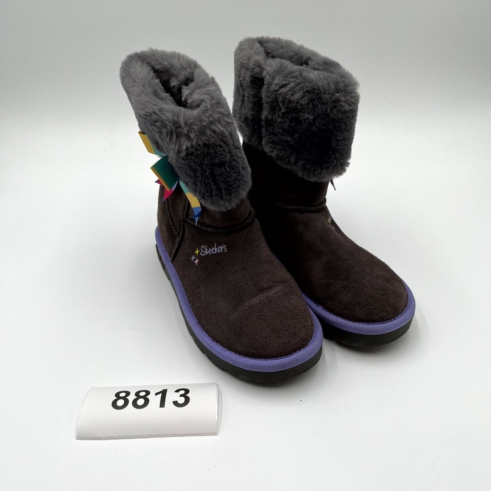 Skechers Winter Ankle Boots Girls 4 Dark Brown Suede Faux Fur Round Toe Side Zip